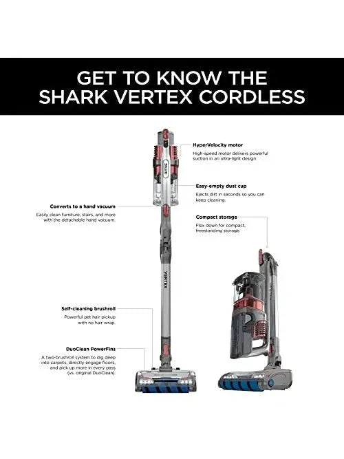 Shark IZ662H Cordless Vertex Pro Lightweight Cordless Stick Vacuum with DuoClean PowerFins, Red