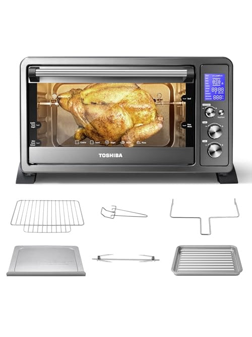 TOSHIBA AC25CEW-BS Large 6-Slice Convection Toaster Oven Countertop, 10-In-One with Toast, Pizza and Rotisserie, 1500W, Black Stainless Steel, Includes 6 Accessories - ANM Liquidation