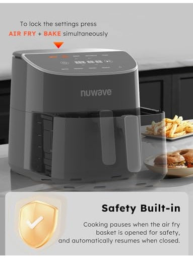 Nuwave Brio Plus 8 Qt Air Fryer, PFAS Free, New & Improved, Digital Touch Screen, Cool White Display, 50°F~400°F in Precise 5°, 5 Cook Functions, 100 Presets & 50 Memory, 3 Wattages 700, 1500, 1800 ANM Liquidation