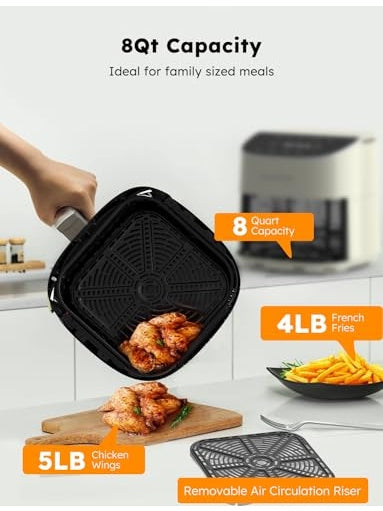 Nuwave Brio Plus 8 Qt Air Fryer, PFAS Free, New & Improved, Digital Touch Screen, Cool White Display, 50°F~400°F in Precise 5°, 5 Cook Functions, 100 Presets & 50 Memory, 3 Wattages 700, 1500, 1800 ANM Liquidation