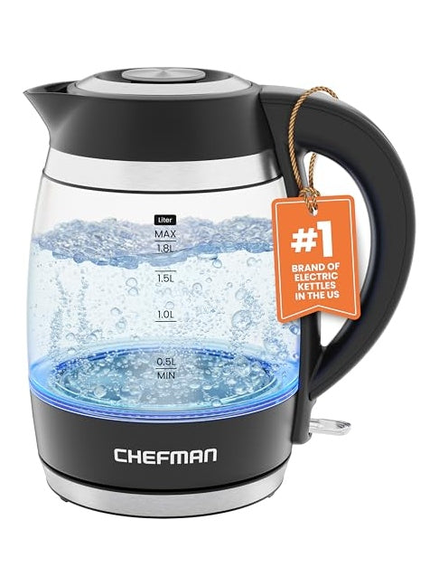 Chefman Electric Kettle, 1.8L 1500W, Hot Water Boiler, Removable Lid for Easy Cleaning, Auto Shut Off, Boil-Dry Protection, Stainless Steel Filter, BPA Free, Borosilicate Glass Electric Tea Kettle ANM Liquidation