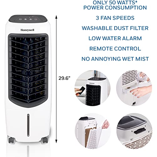 Honeywell 2.6 Gallon Indoor Portable Evaporative Air Cooler for Garage, Basement, Attic, 115V, for up to 120 Sq. Ft. with Remote, Quiet, Low Energy, Compact, White ANM Liquidation