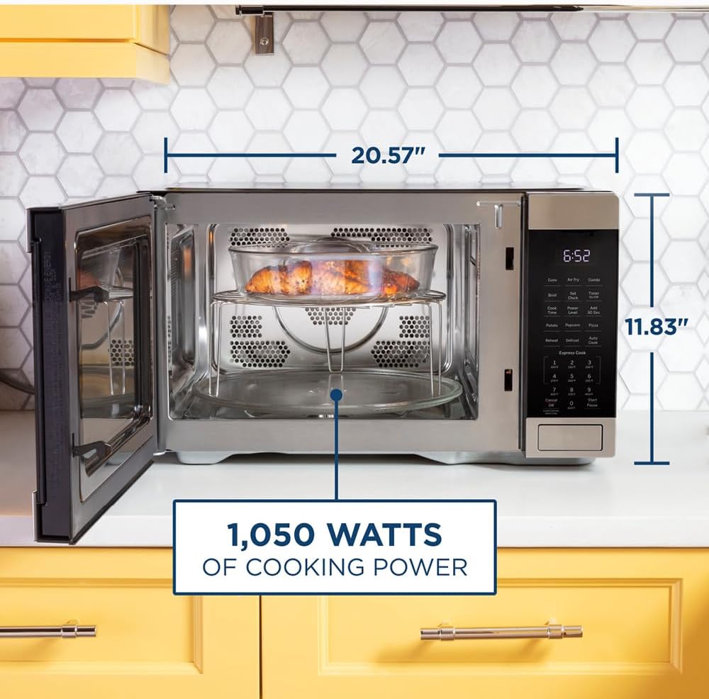 GE 3-in-1 Countertop Microwave Oven, Air Fryer, Broiler & Convection Mode, 1.0 Cu. Ft. Capacity, 1,050 Watts, Child-Lock Technology, Kitchen Essentials for the Countertop or Dorm Room,Stainless Steel ANM Liquidation