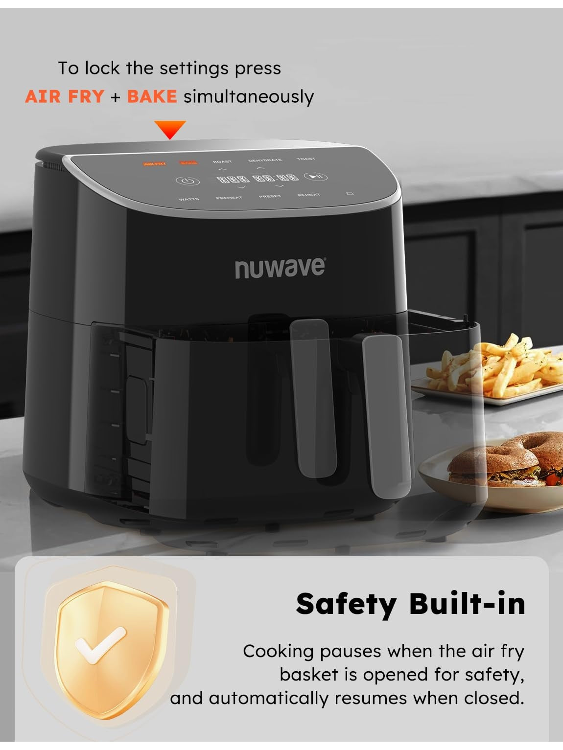 Nuwave Brio Plus 8 Qt Air Fryer, PFAS Free, New & Improved, Digital Touch Screen, Cool White Display, 50°F~400°F in Precise 5°, 5 Cook Functions, 100 Presets & 50 Memory, 3 Wattages 700, 1500, 1800 ANM Liquidation