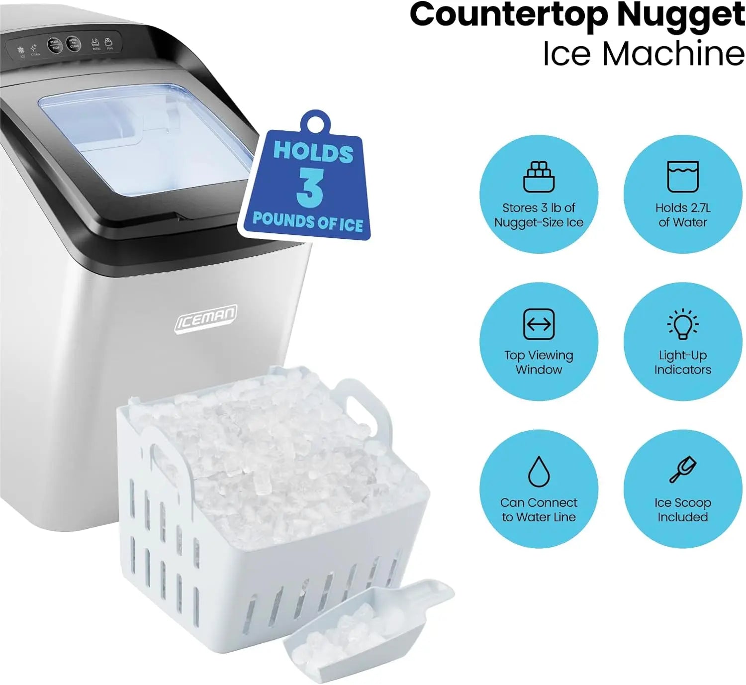 Iceman Countertop Nugget Ice Maker – Pebble Ice Machine, Soft Chewable Pellets in 20 Min, 26Lbs/24H, 3lb. Capacity, Waterline-Compatible, Self-Cleaning, Stainless-Steel + Scoop - ANM Liquidation