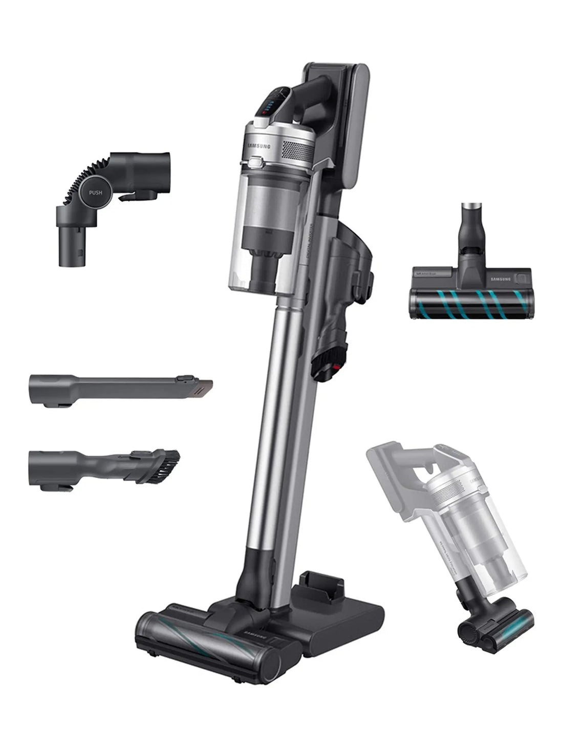 Samsung Jet 90 Cordless Stick Vacuum Long Lasting Battery and 200 Air Watt Suction Power, Complete with Telescopic Pipe, Titan Silver - ANM Liquidation