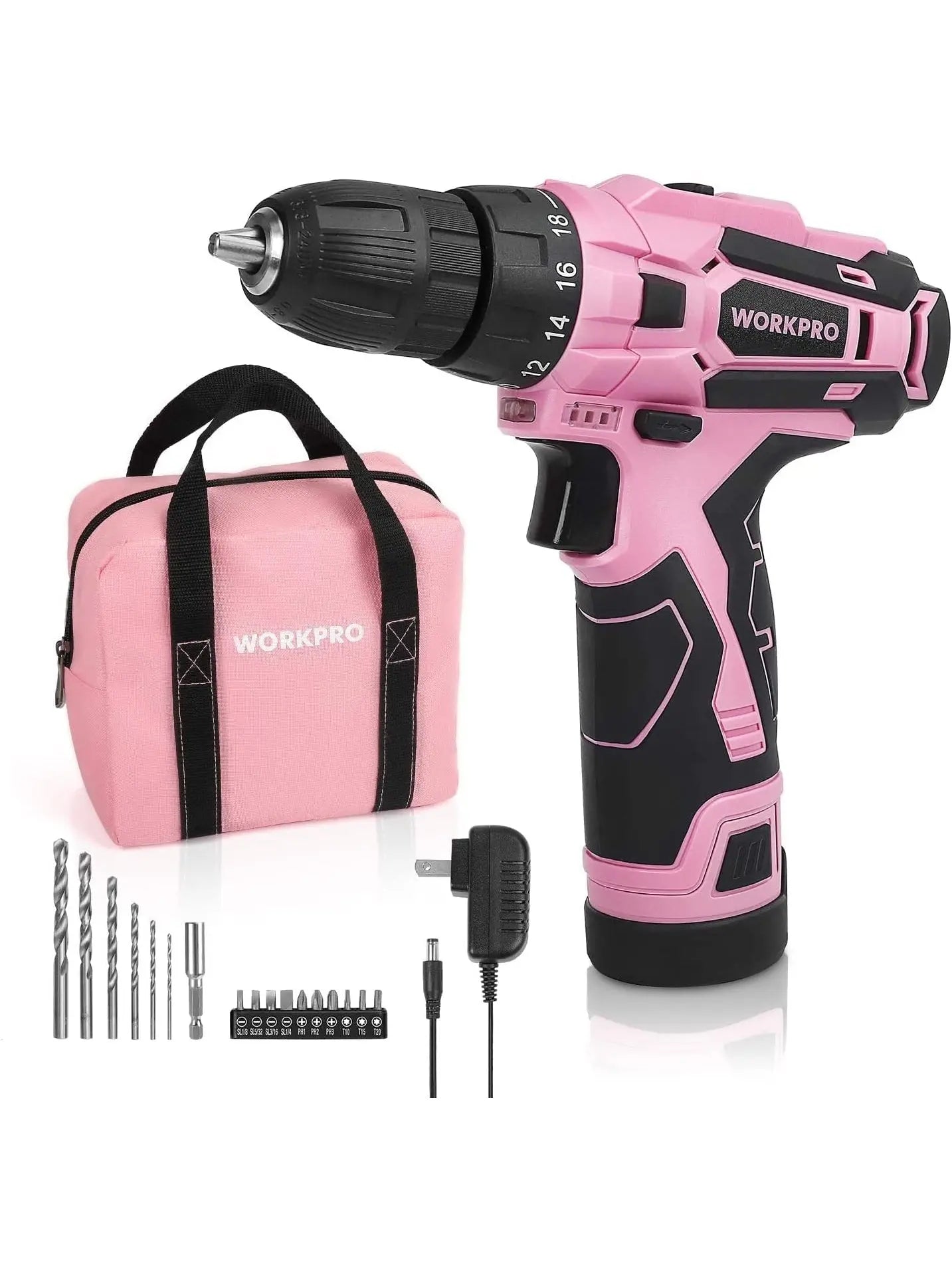 WORKPRO Pink Cordless Drill Driver Set, 12V Electric Screwdriver Driver Tool Kit, 3/8" Keyless Chuck, Charger and Storage Bag Included - Pink Ribbon - ANM Liquidation