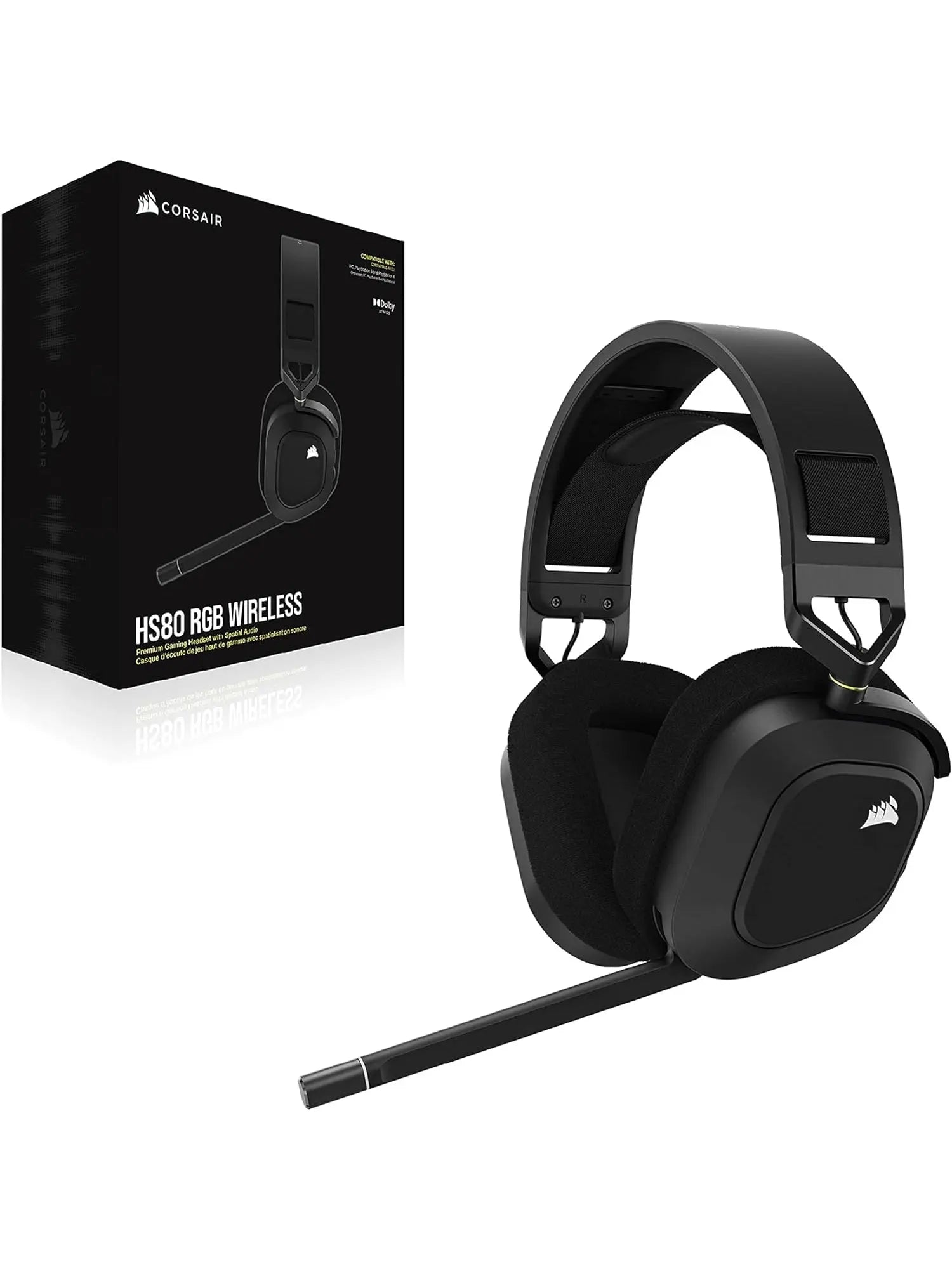 CORSAIR HS80 RGB WIRELESS Multiplatform Gaming Headset - Dolby Atmos - Lightweight Comfort Design - Broadcast Quality Microphone - iCUE Compatible - PC, Mac, PS5, PS4 - Black - ANM Liquidation