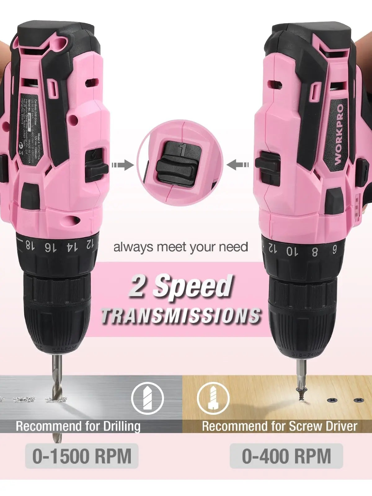 WORKPRO Pink Cordless Drill Driver Set, 12V Electric Screwdriver Driver Tool Kit, 3/8" Keyless Chuck, Charger and Storage Bag Included - Pink Ribbon - ANM Liquidation