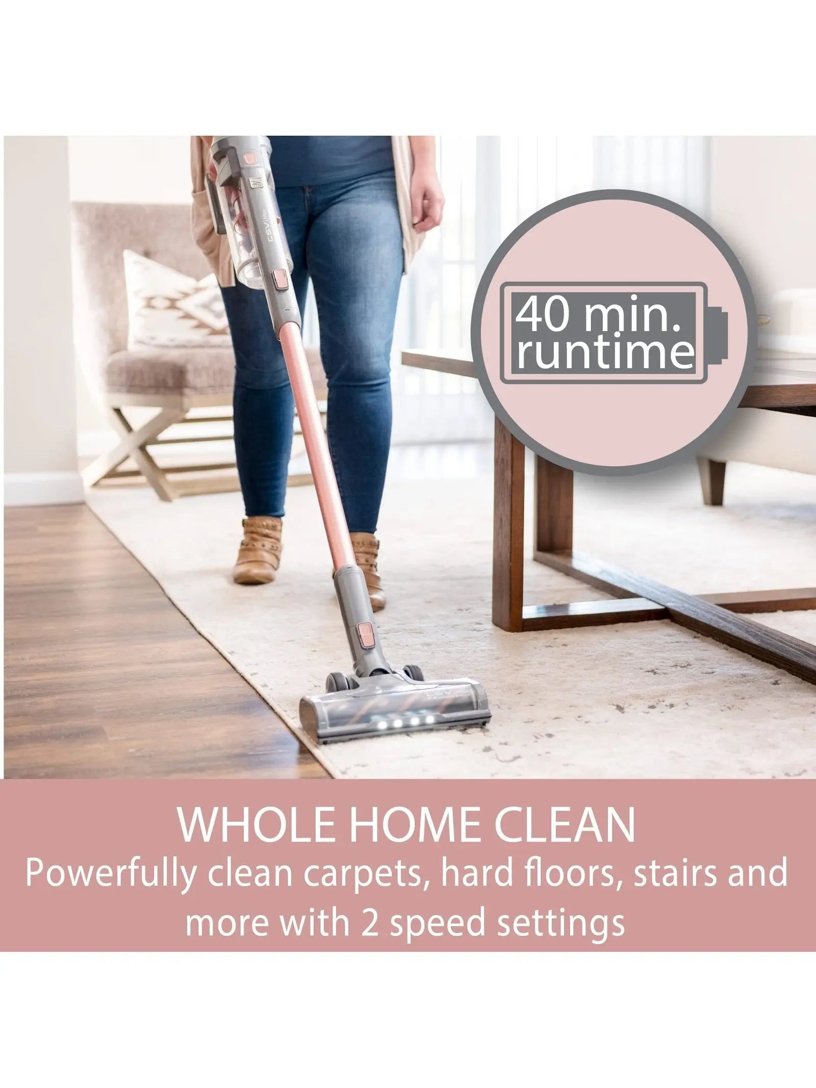 Kenmore DS4090 Brushless Cordless Stick 1L Capacity Lightweight Cleaner 2-Speed Power Suction LED Headlight 2-in-1 Handheld Vacuum for Hardwood Floor, Carpet & Pet Hair, Rose Gold