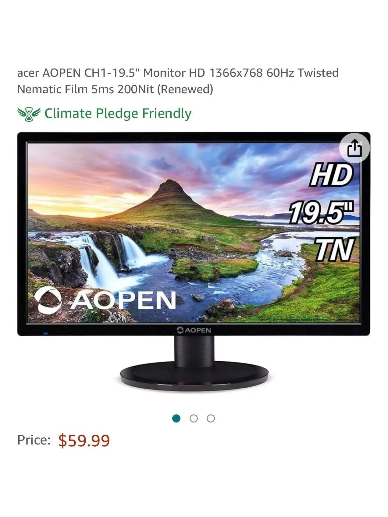 acer AOPEN CH1-19.5" Monitor HD 1366x768 60Hz Twisted Nematic Film 5ms 200Nit