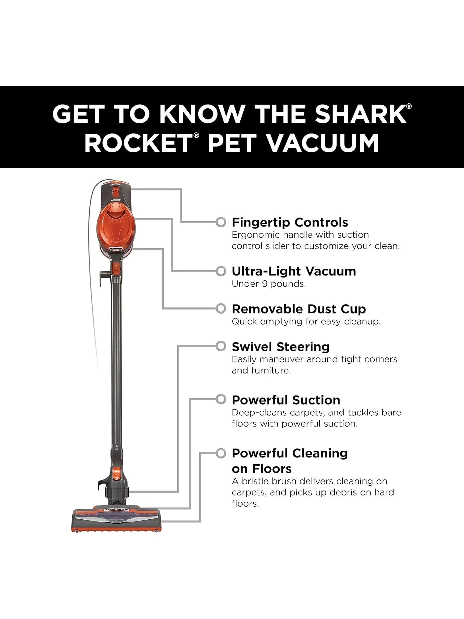 Shark Rocket HV302 Ultra-Light Corded Bagless Vacuum for Carpet and Hard Floor Cleaning with Swivel Steering, Orange