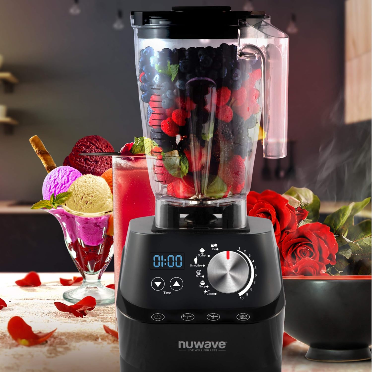 NuWave Moxie Commercial Blender, Smoothie Blender with 2.5HP Motor, Professional Grade, Self-Cleaning - 6 presets & 10 Speed Settings for Shakes, Smoothies, Nut Butters, Crushed Ice,Black, Grey - ANM Liquidation