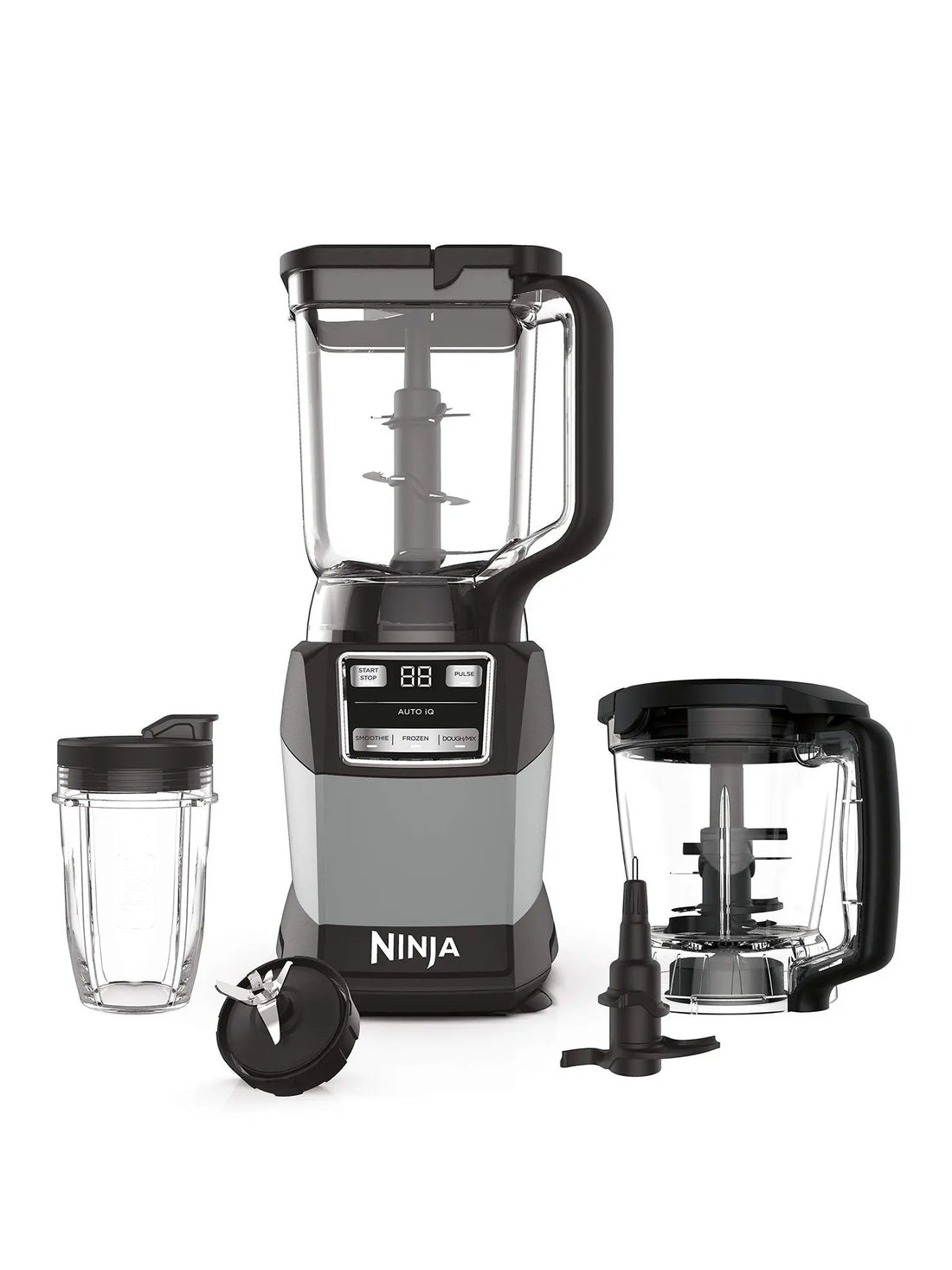 Ninja AMZ493BRN Compact Kitchen System, 1200W, 3 Functions for Smoothies, Dough & Frozen Drinks with Auto-IQ, 72-oz.* Blender Pitcher, 40-oz. Processor Bowl & 18-oz. Single-Serve Cup, Grey