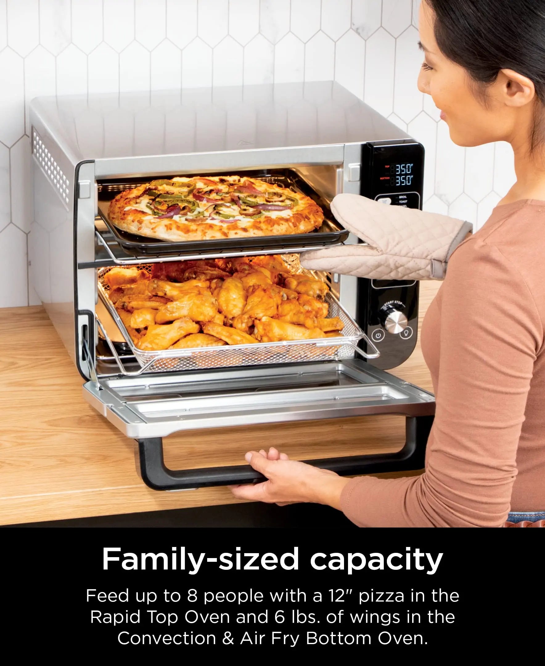 Ninja DCT401 12-in-1 Double Oven with FlexDoor, FlavorSeal & Smart Finish, Rapid Top Convection and Air Fry Bottom , Bake, Roast, Toast, Air Fry, Pizza and More, Stainless Steel - ANM Liquidation