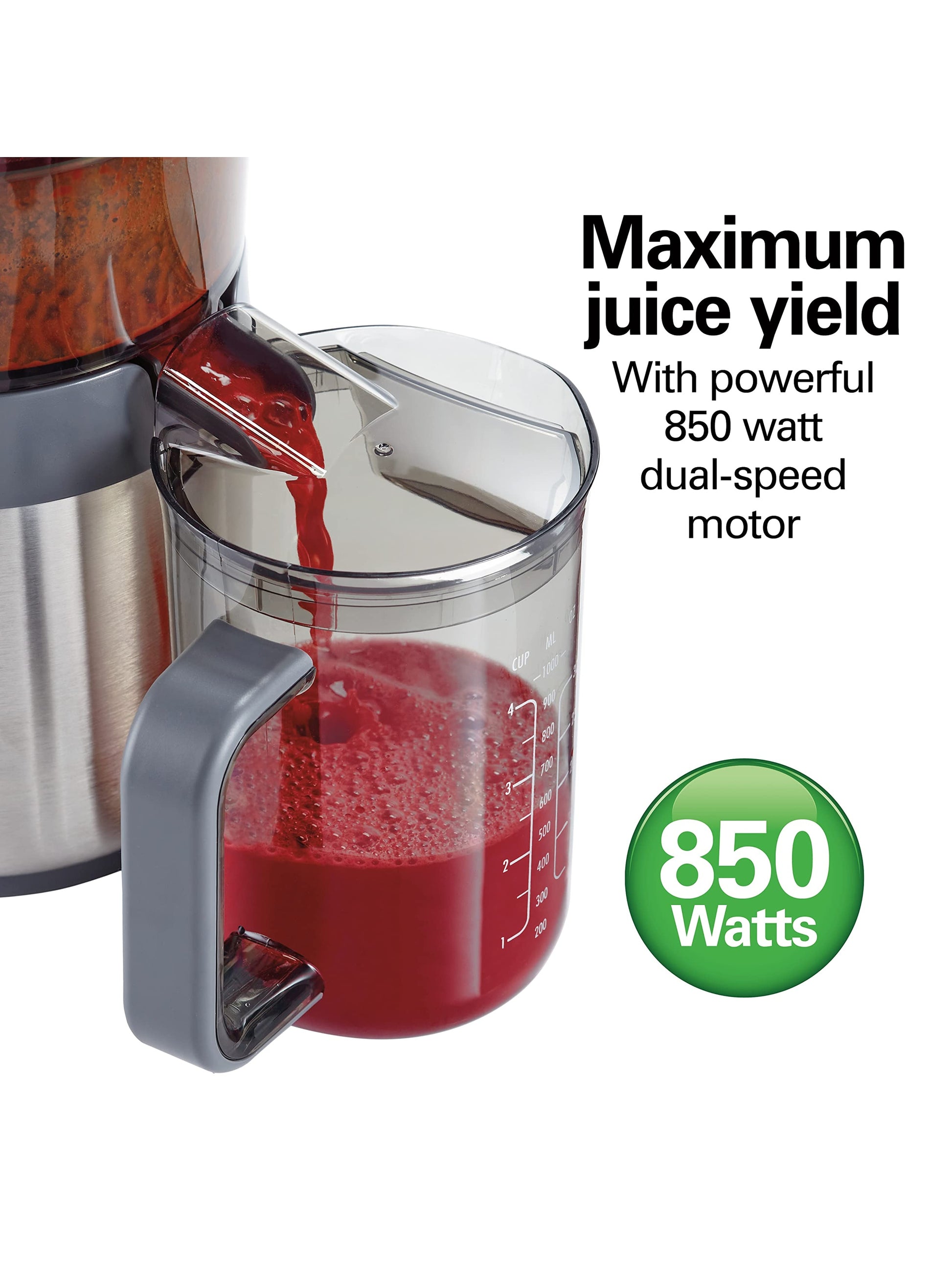 Hamilton Beach Juicer Machine, Centrifugal Extractor, Big Mouth 3" Feed Chute, Easy Clean, 2-Speeds, 40 oz. BPA Free Pitcher, 850 Watt Motor, Silver ANM Liquidation