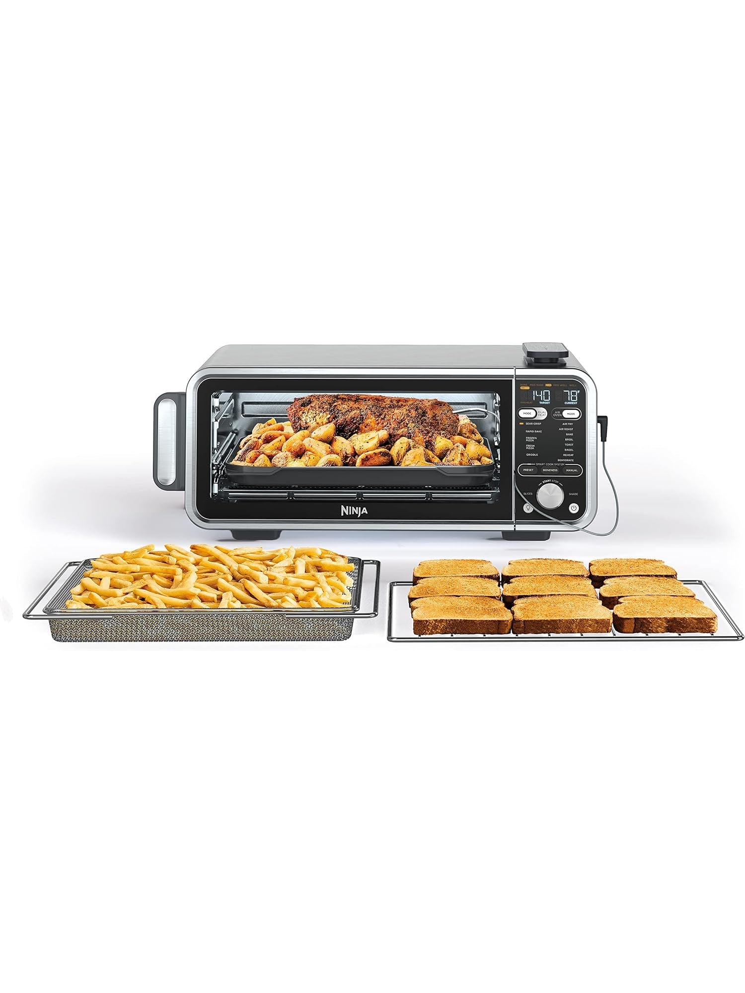 Ninja SP351 Foodi Smart 13-in-1 Dual Heat Air Fry Countertop Oven, Dehydrate, Reheat, Smart Thermometer, 1800-watts, Silver - ANM Liquidation