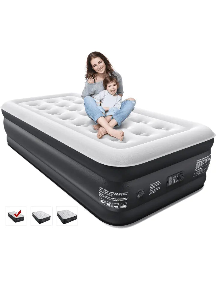 Twin Air Mattress with Built-in Pump for Guest, 18" Tall Colchon Inflable Blow Up Air Bed with Carrying Bag for Camping, Raised Elevated Double Airbed, Foldable&Portable Air Mattress, Black