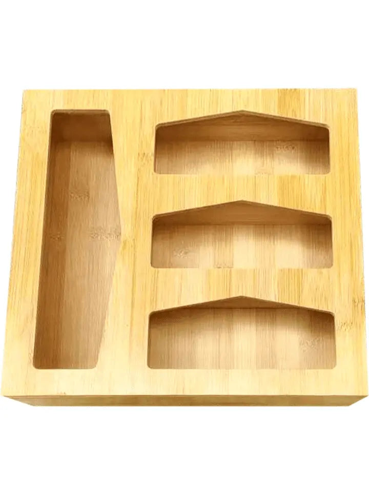 Ziplock bag organizer for drawer - bamboo construction - 4 compartments - 29x29x7.6 cm