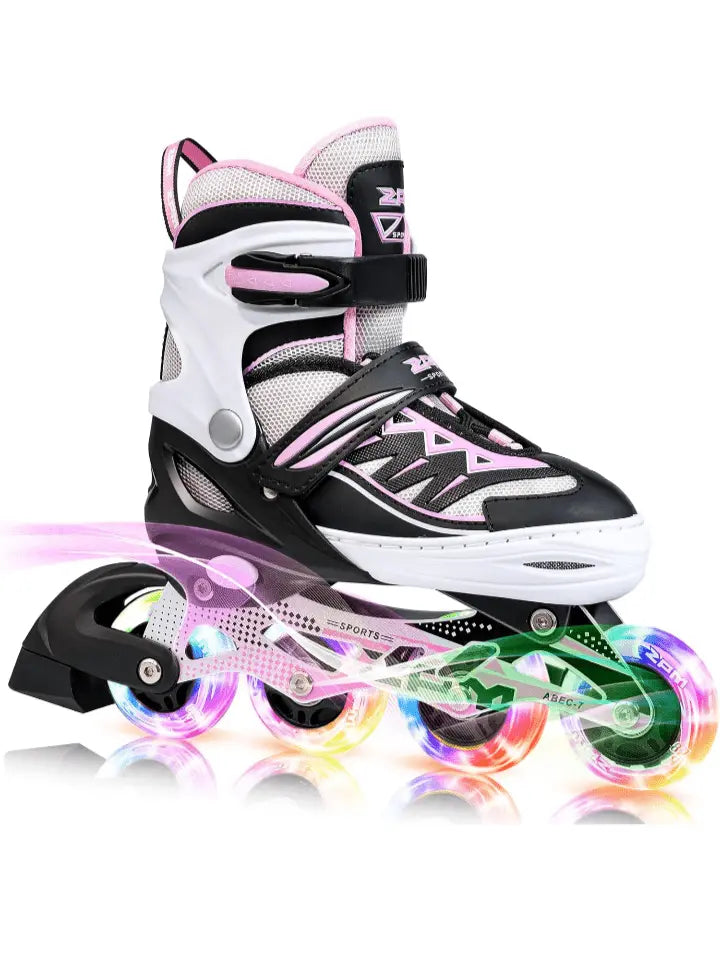 2PM SPORTS Cytia Pink Girls Adjustable Illuminating Inline Skates with Light up Wheels, Fun Flashing Beginner Roller Skates for Kids