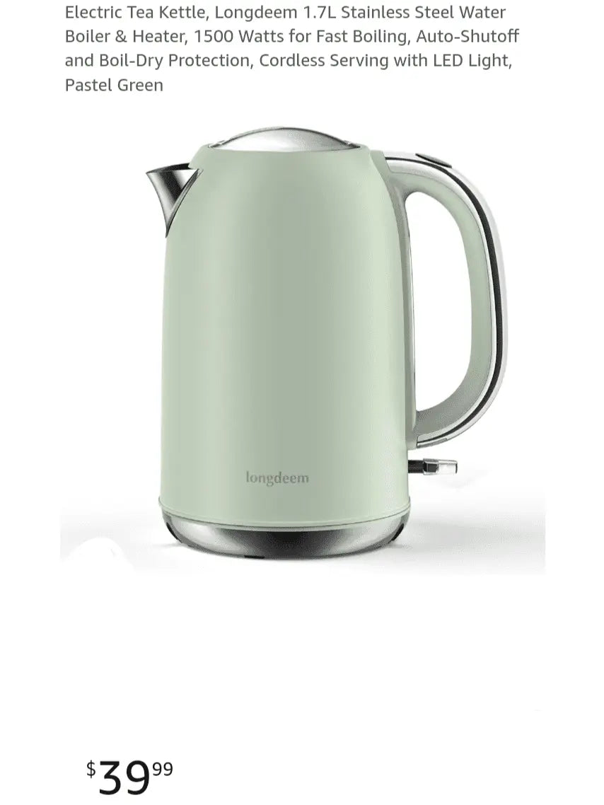 Electric Tea Kettle, Longdeem 1.7L Stainless Steel Water Boiler & Heater, 1500 Watts for Fast Boiling, Auto-Shutoff and Boil-Dry Protection, Cordless Serving with LED Light, Pastel Green