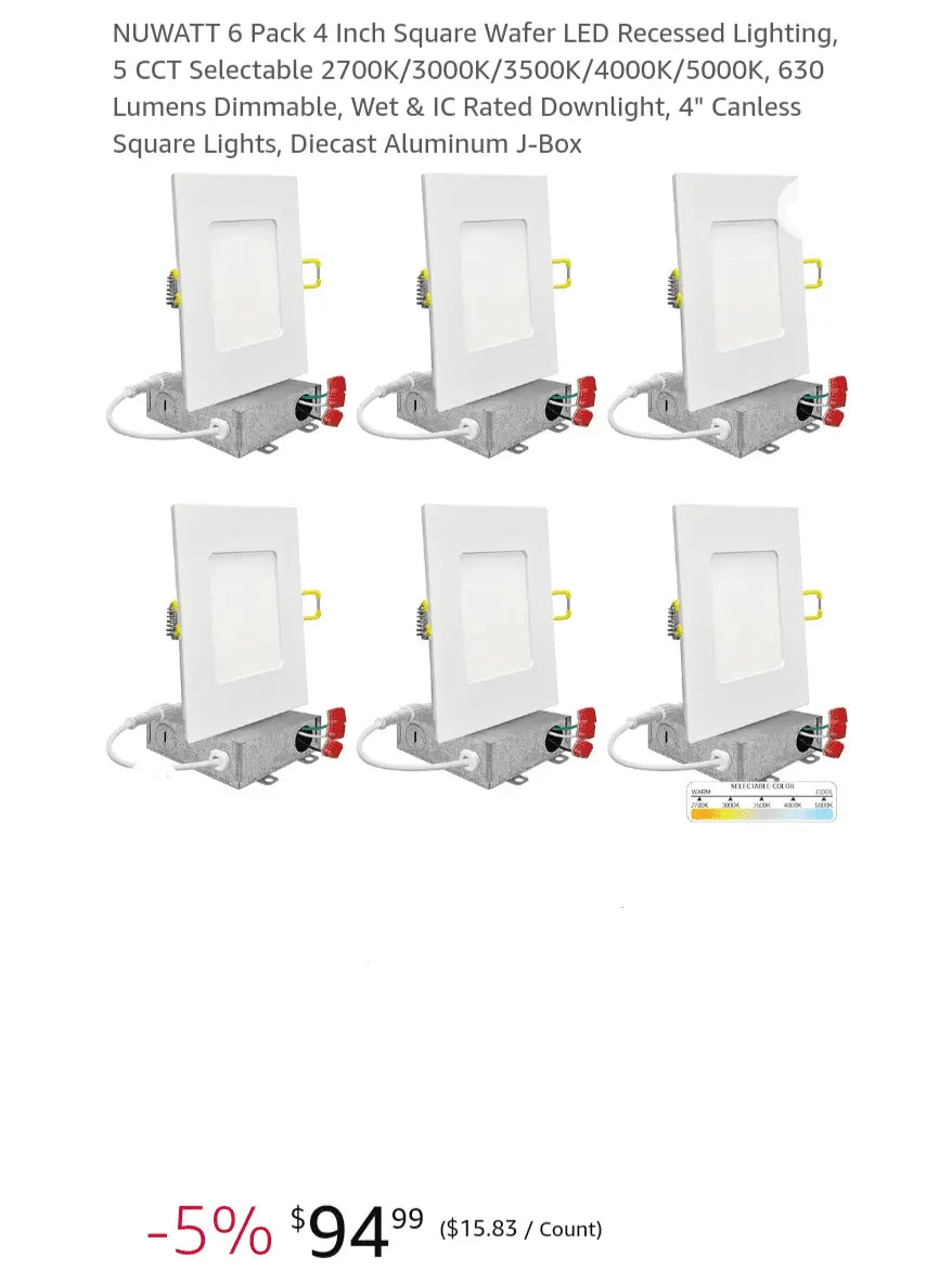 NUWATT 6 Pack 4 Inch Square Wafer LED Recessed Lighting, 5 CCT Selectable 2700K/3000K/3500K/4000K/5000K, 630 Lumens Dimmable, Wet & IC Rated Downlight, 4" Canless Square Lights, Diecast Aluminum J-Box