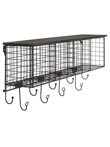 Decorah Black Metal 4-Cubby Wall Shelf with 9 Hooks